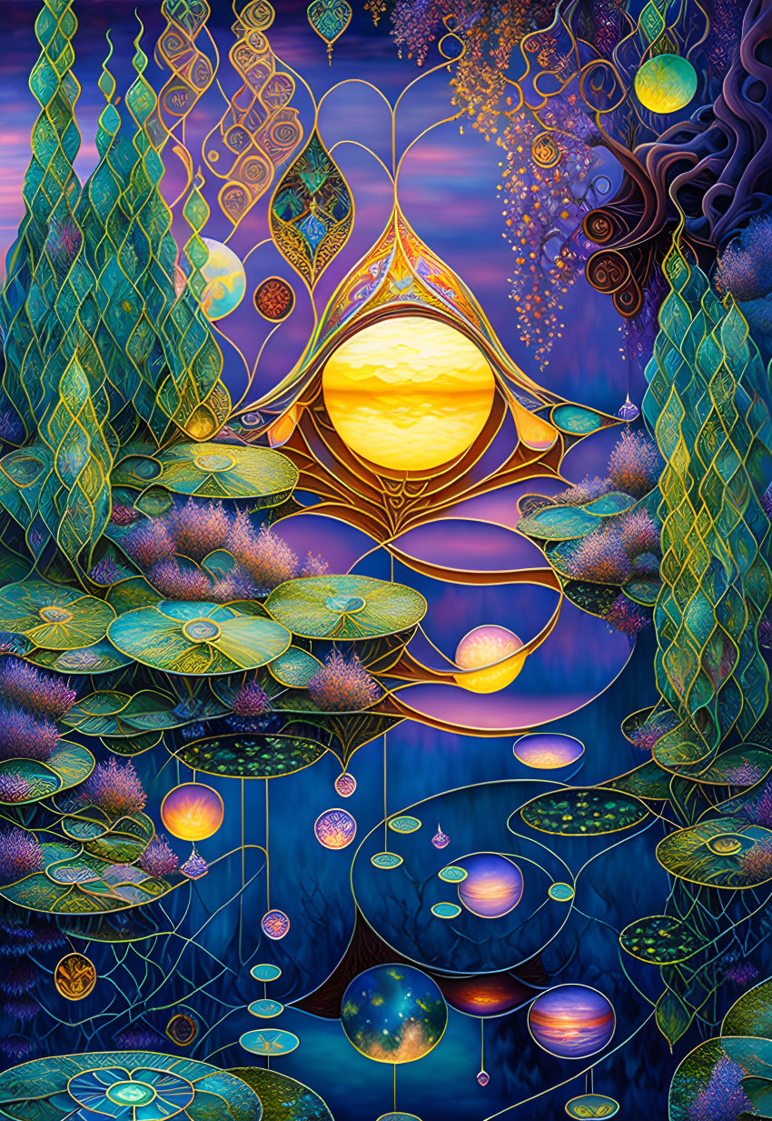 Colorful fantastical landscape with central sun-like orb and stylized flora