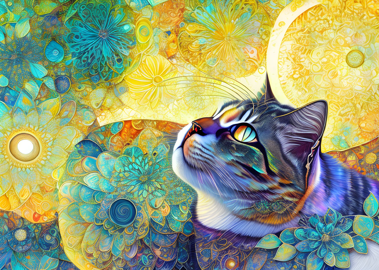 Colorful patterned cat in vibrant digital art.