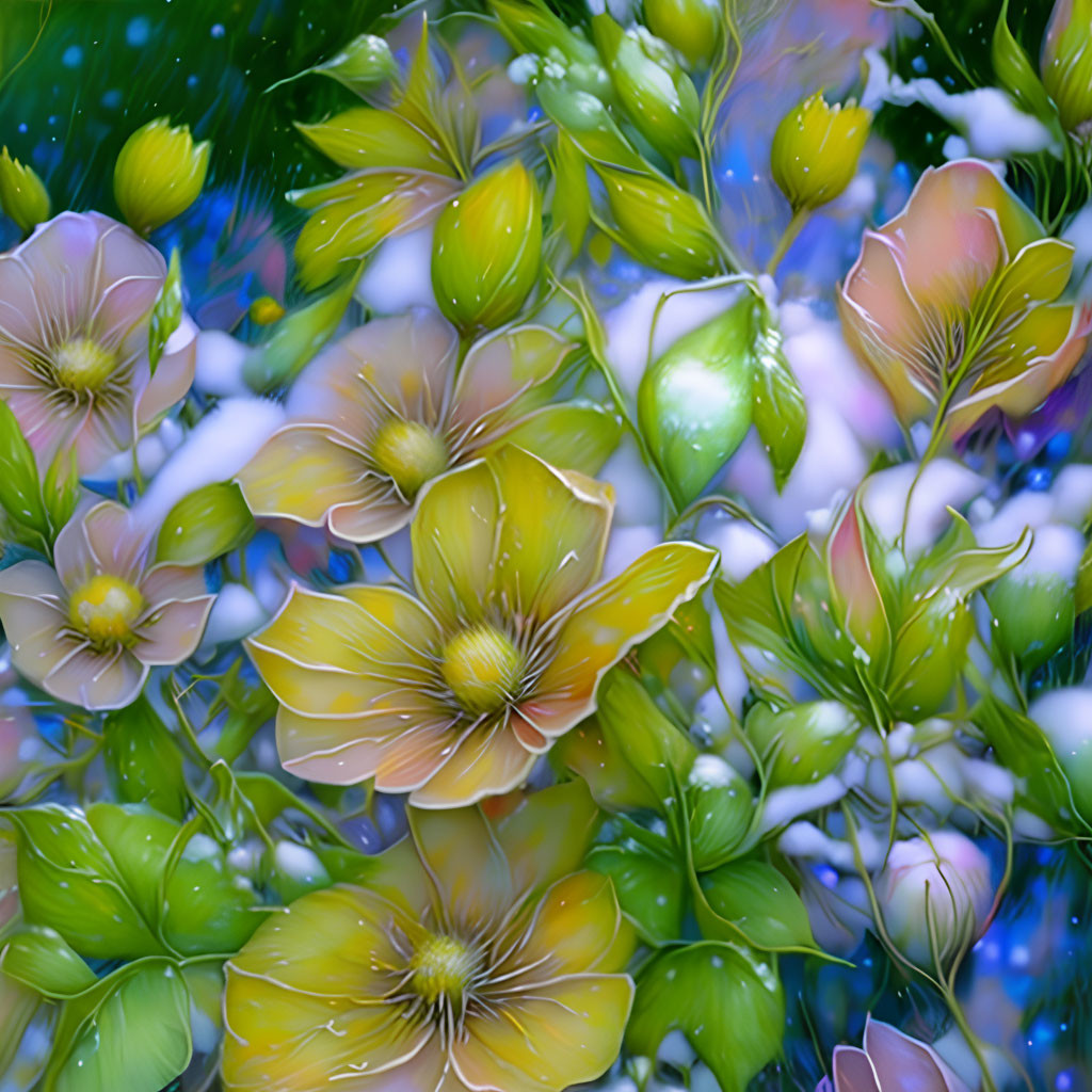 Multicolored flowers refracted through water droplets on glass