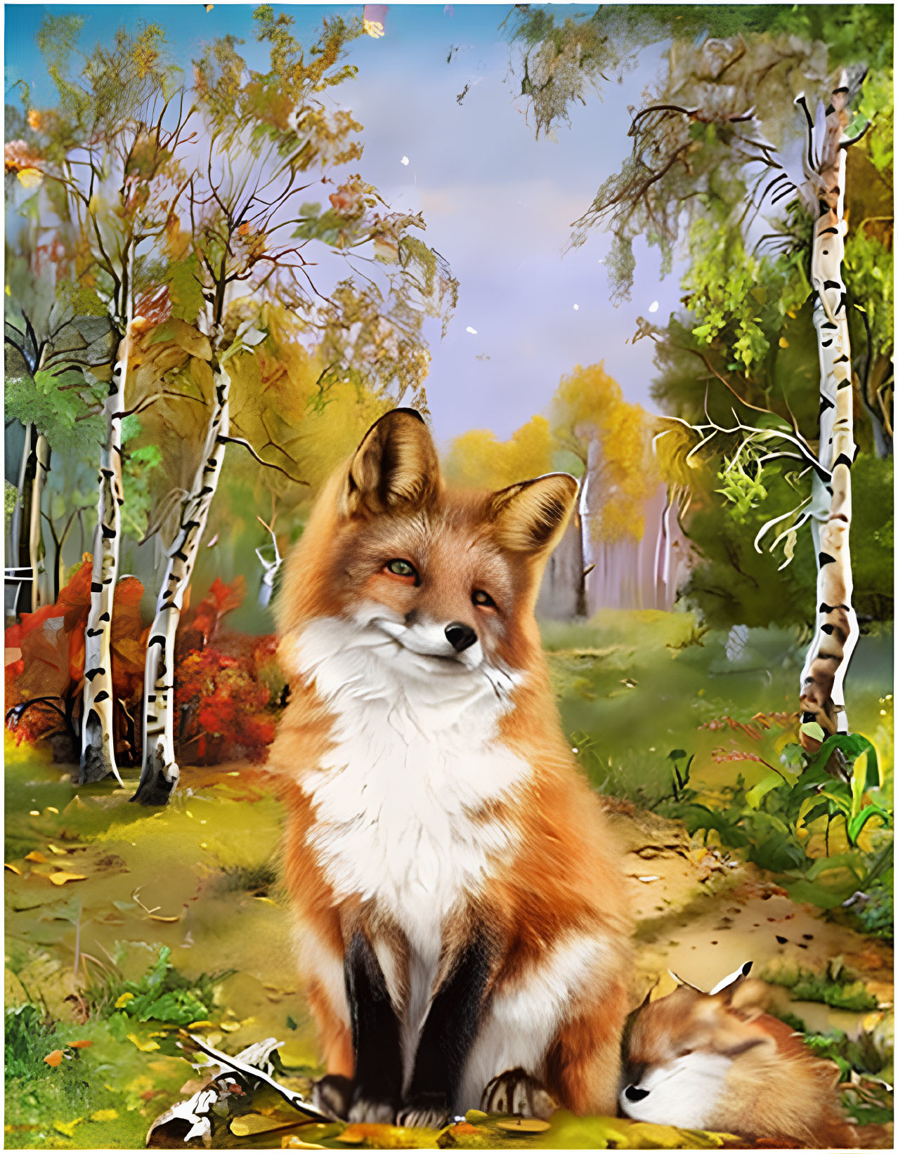 Colorful woodland painting featuring adult and young foxes in autumnal setting