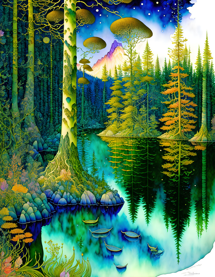 Fantasy forest with oversized mushrooms, luminescent plants, and serene water body