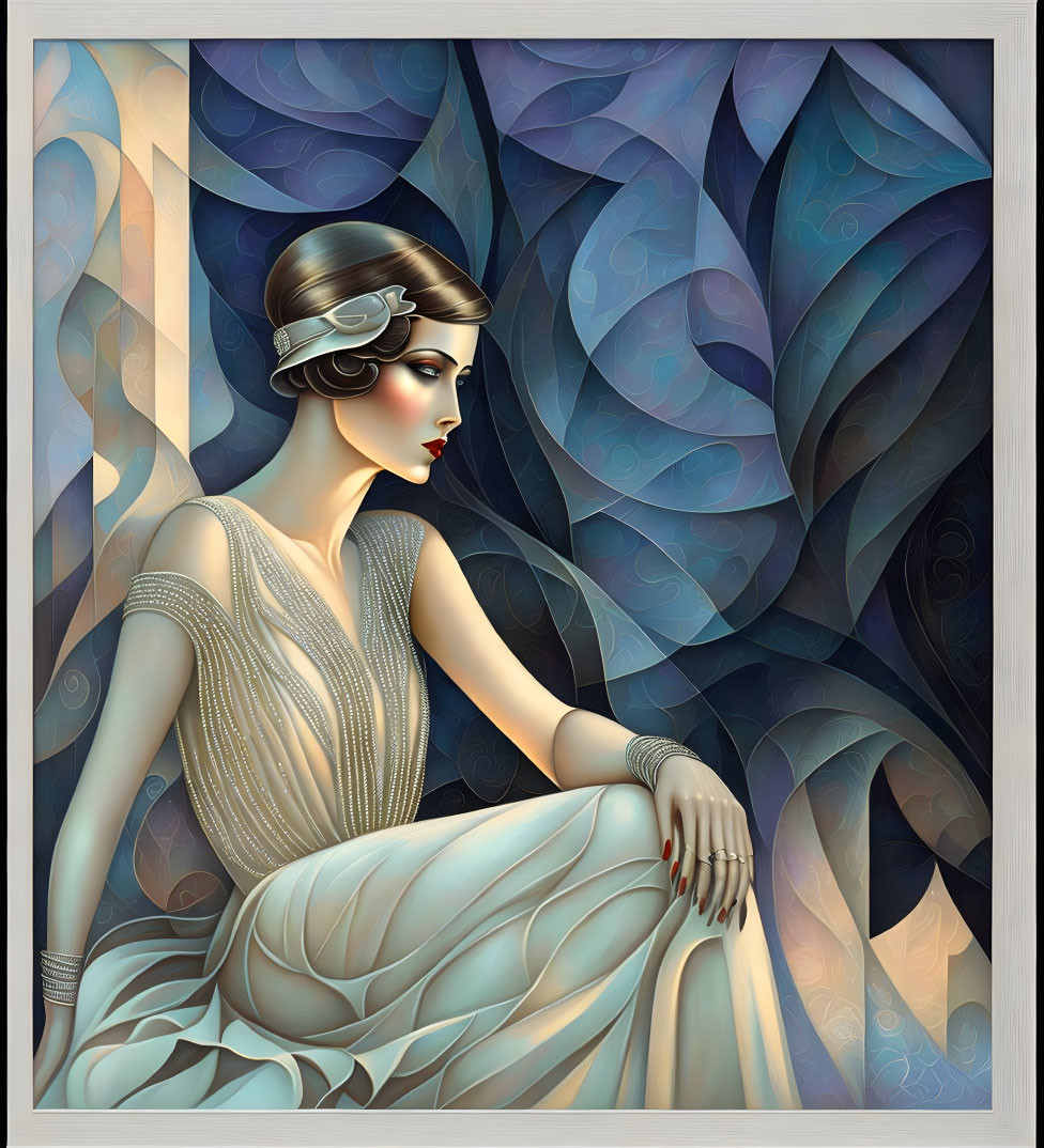 Art Deco Style Woman Illustration in 1920s Fashion Against Blue Leafy Background