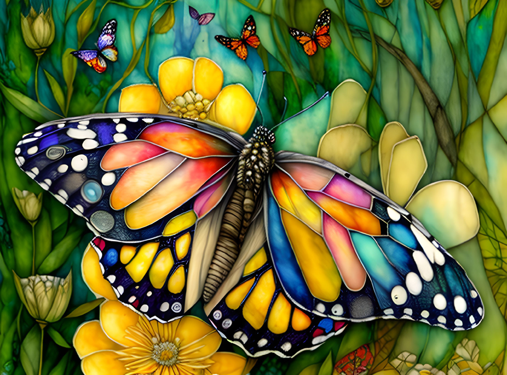 Colorful Butterfly Digital Painting with Yellow, Blue, and Red Wings resting on Flowers