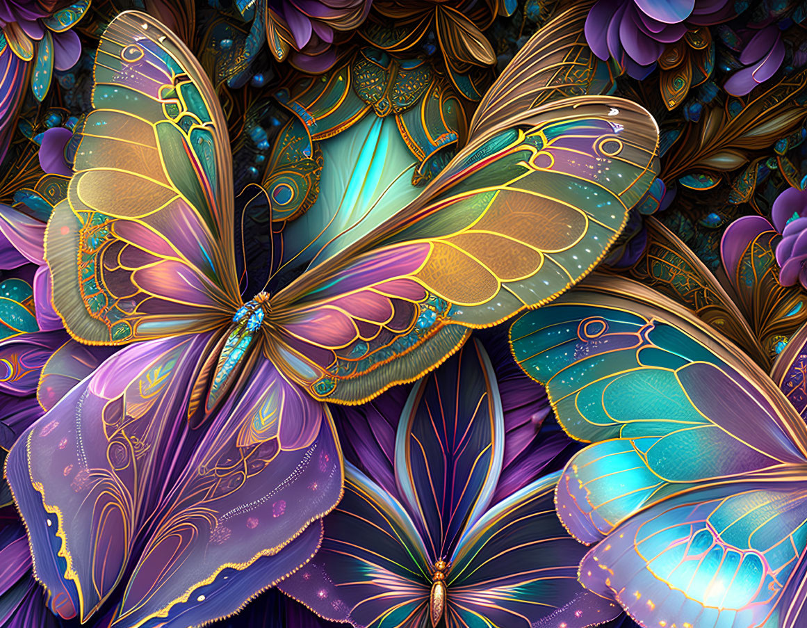 Colorful Digital Art: Golden Butterflies on Intricate Flora Background