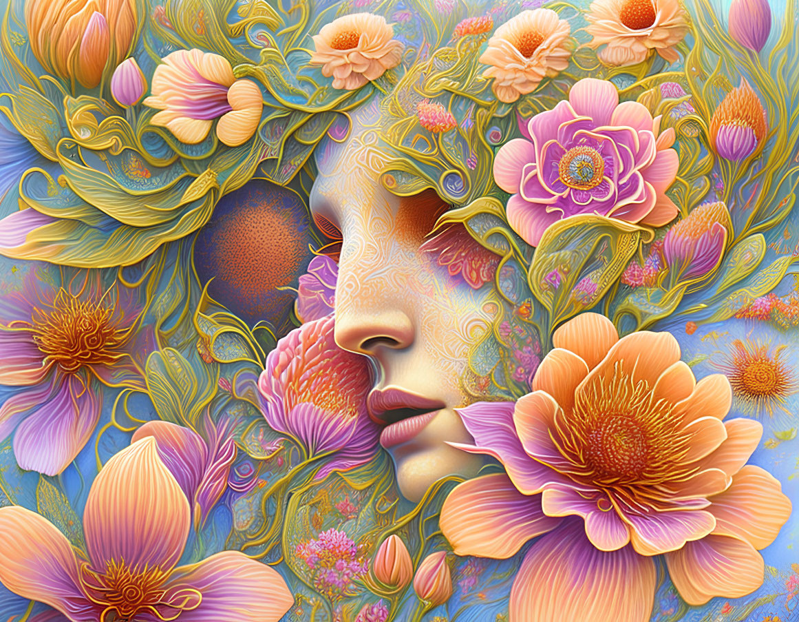 Detailed illustration of woman's face with stylized flowers and patterns