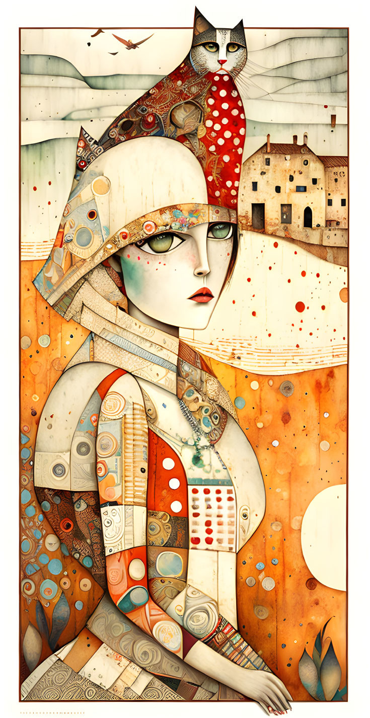 Whimsical patchwork woman with cat in townscape illustration