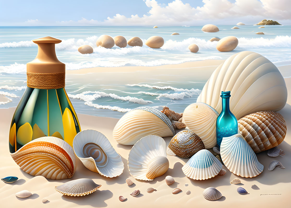 Colorful Seashell Artwork on Beach with Ocean Background