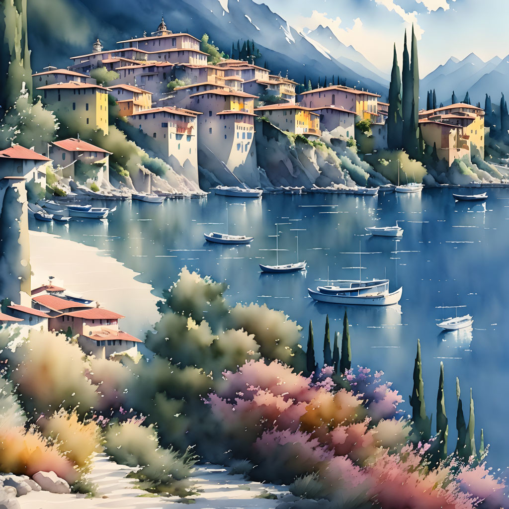 Scenic lakeside village with boats, mountains, trees, and flowers