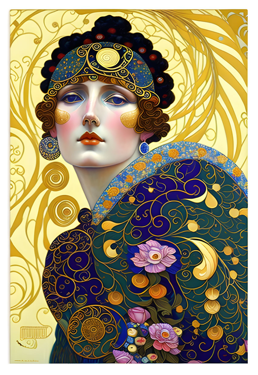 Art Nouveau Woman Illustration with Ornate Headdress & Floral Patterns