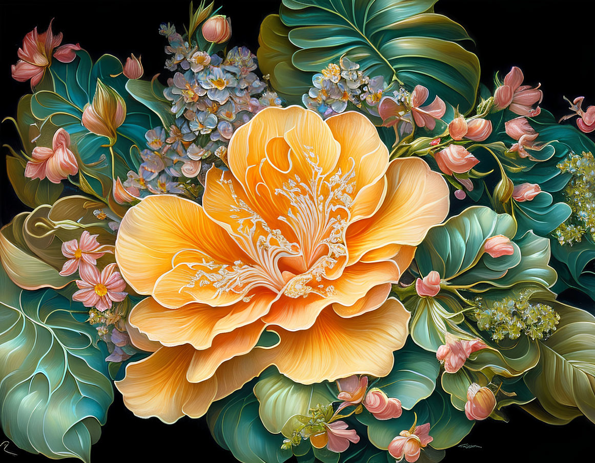 Detailed digital painting of vibrant orange flower in lush greenery