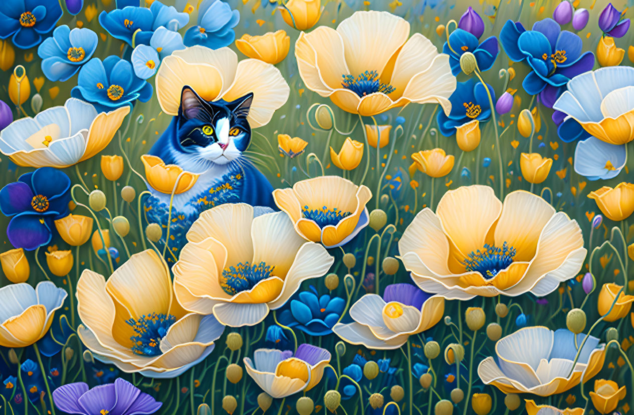 Striking Cat Among Vibrant Blue and Yellow Flowers