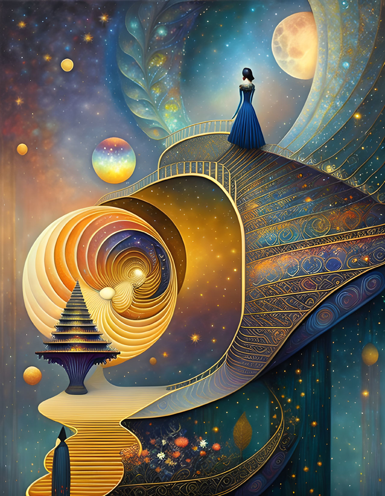 Woman on staircase ribbon in cosmic surreal illustration