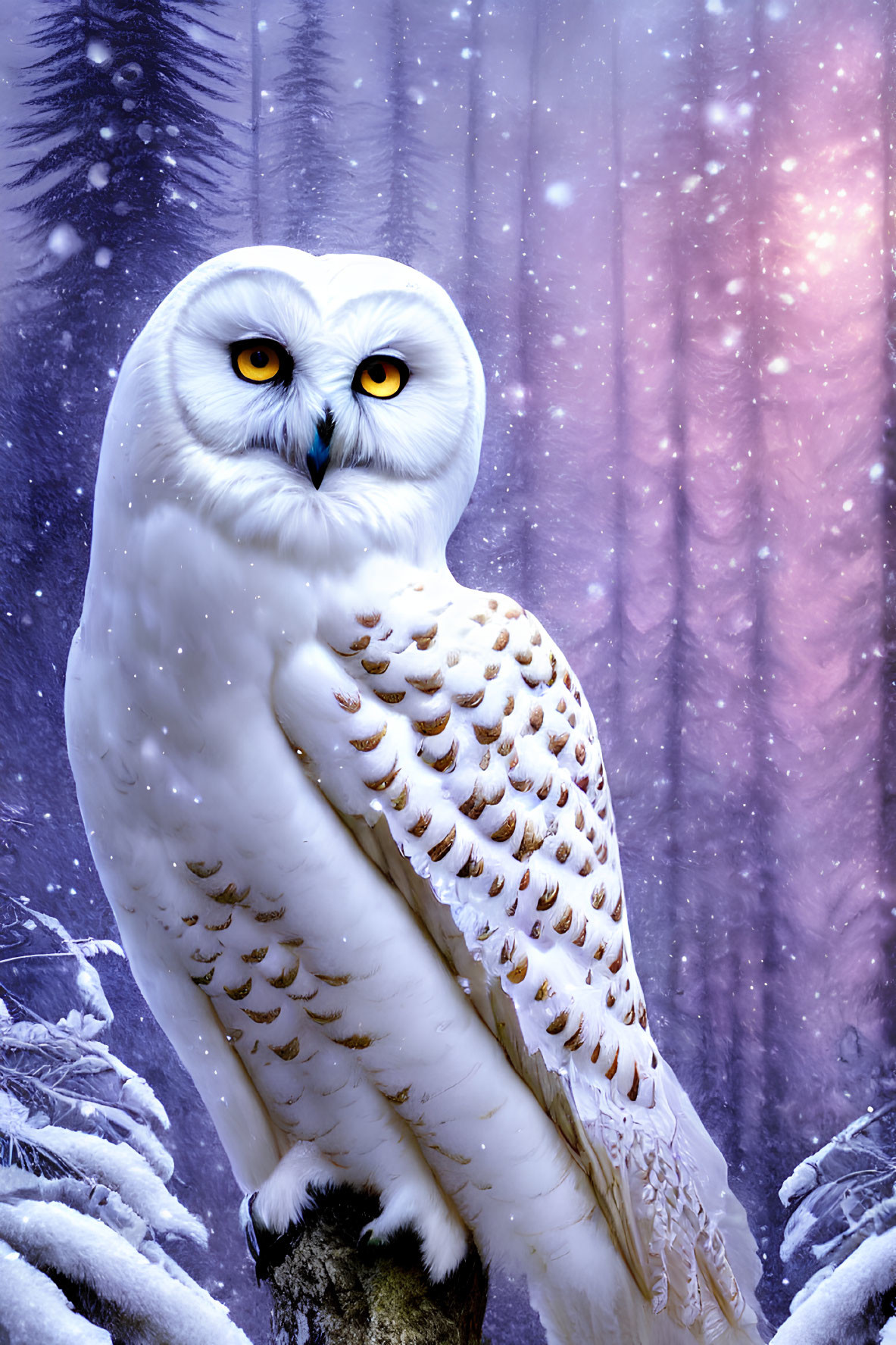 Snowy owl perched on stump in wintry forest with falling snow