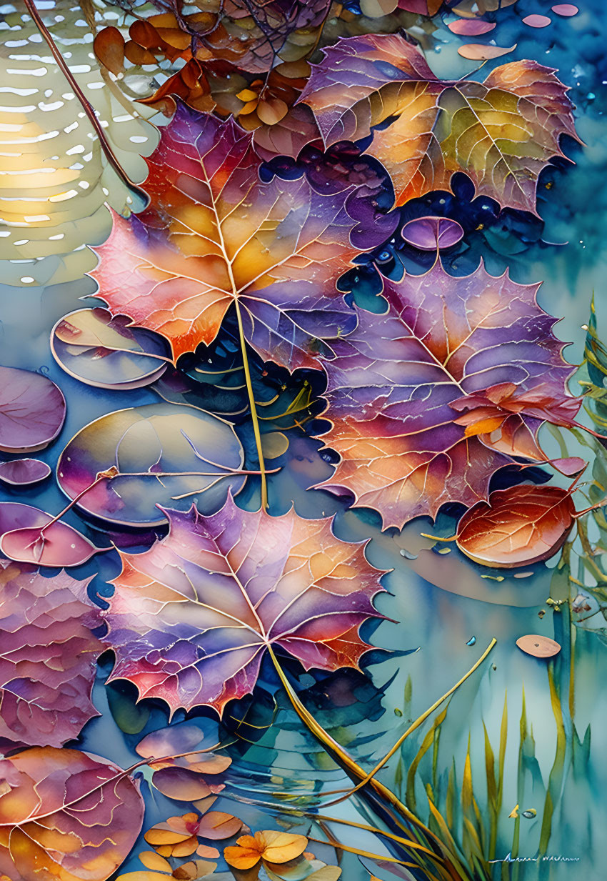 Vibrant autumn leaves and water droplets in serene aquatic scene with swimming fish