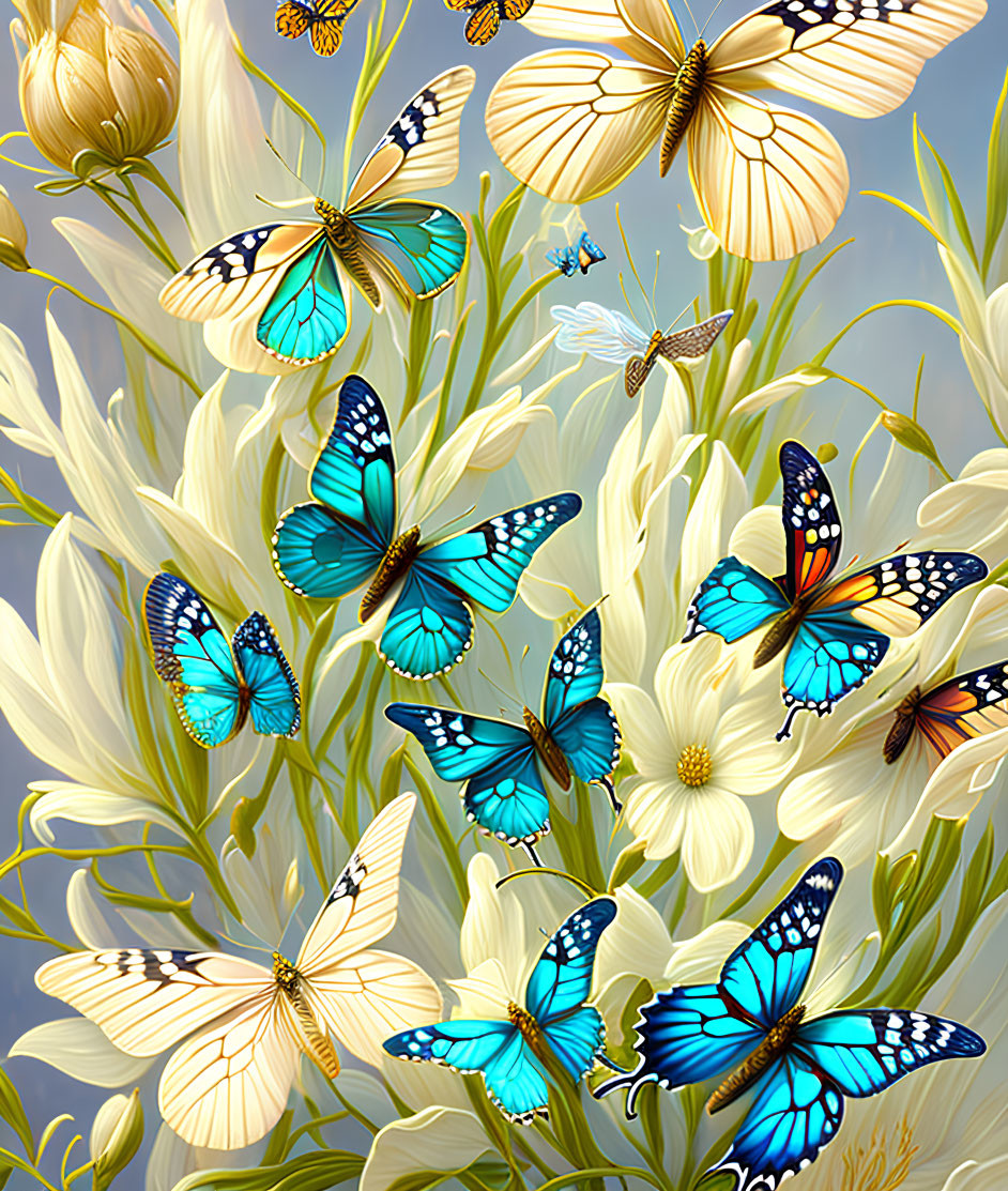 Colorful Blue and Yellow Butterflies Fluttering Among Flowers on Grey Background