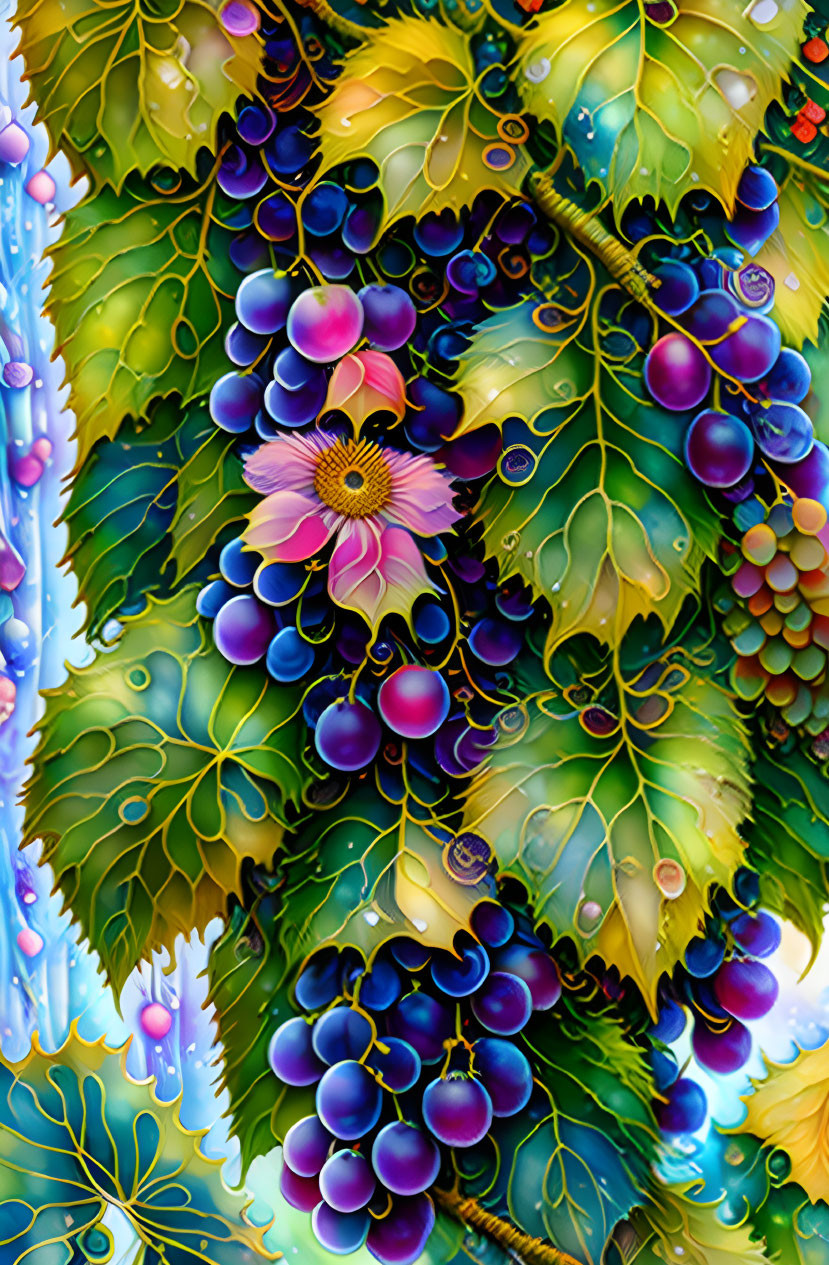 Vibrant grapevine illustration with dark grapes and pink flower