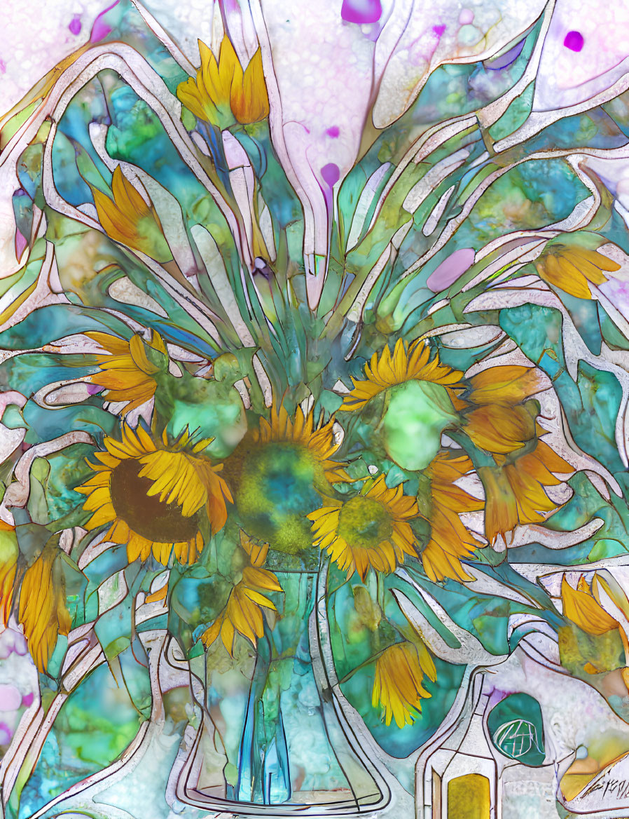 Colorful Sunflower Artwork in Translucent Vase with Abstract Background