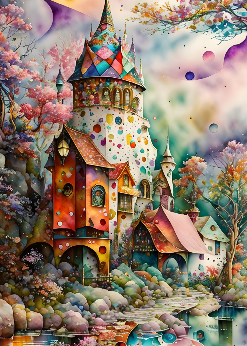 Colorful Polka Dot Castle Surrounded by Pink Trees and Tranquil Pond