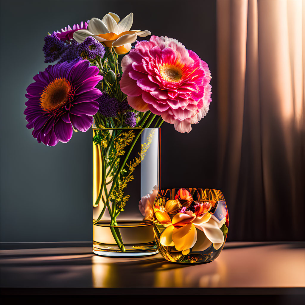 Vibrant flowers in glass vase by sunlit window