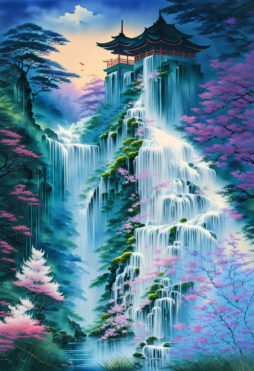 Illustration of cascading waterfall with Asian pagoda and cherry blossoms