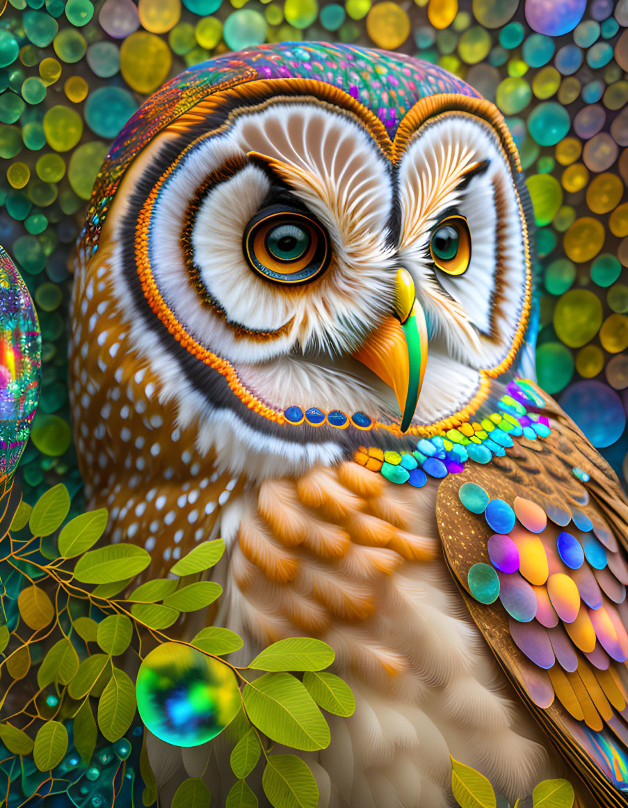 Vibrant owl digital artwork with detailed feathers in colorful environment