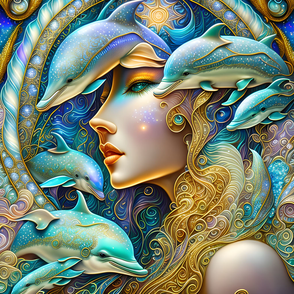 Vibrant Fantasy Illustration: Woman with Dolphins and Cosmic Motifs