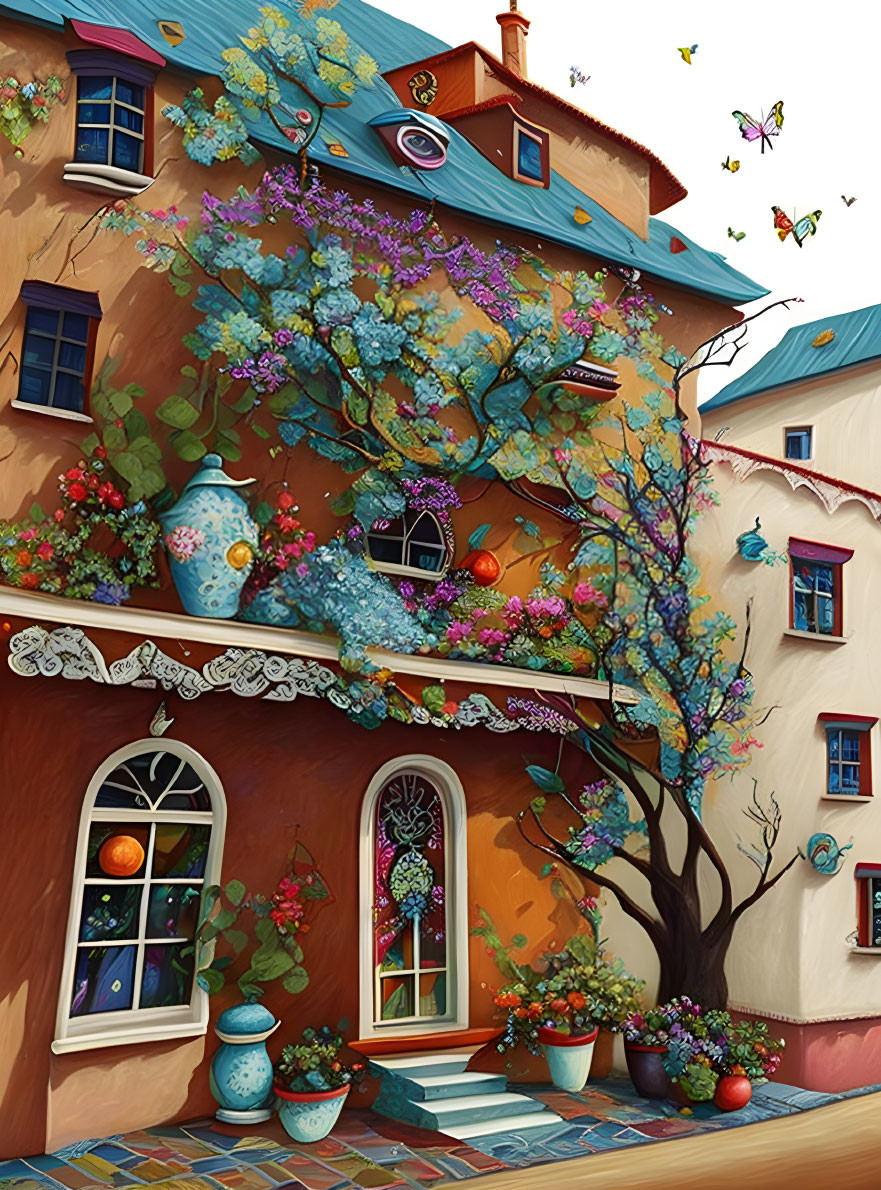 Colorful House Illustration with Flowers, Teapots, and Butterflies