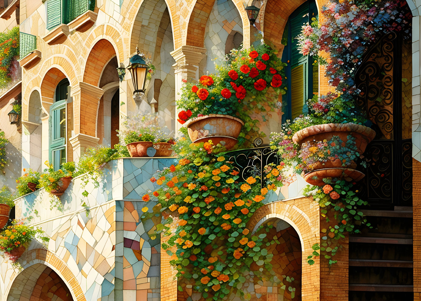 Building facade with vibrant flowers, arched windows, and ornate lanterns