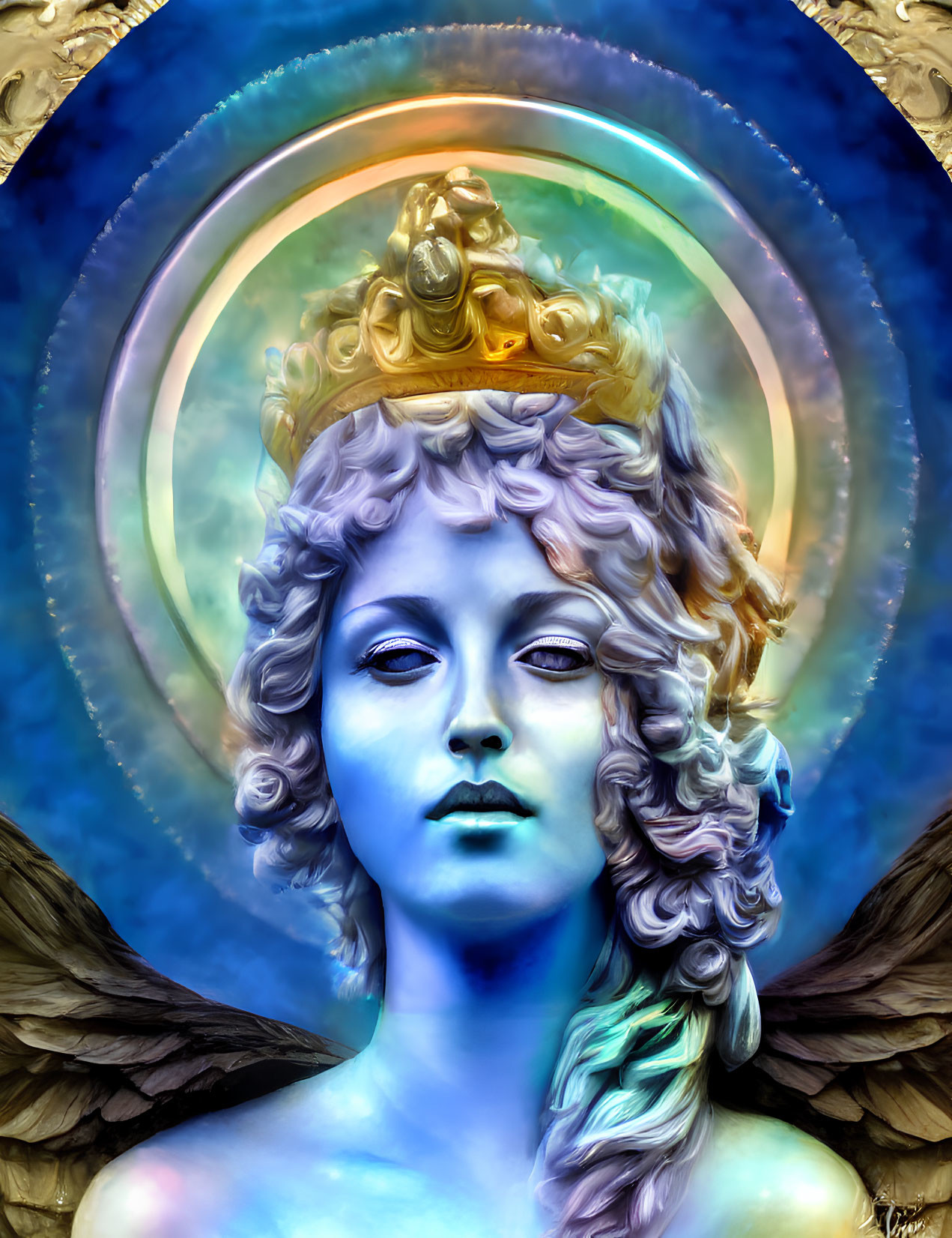 Digitally-rendered angelic figure with blue skin and golden crown surrounded by luminescent wings.
