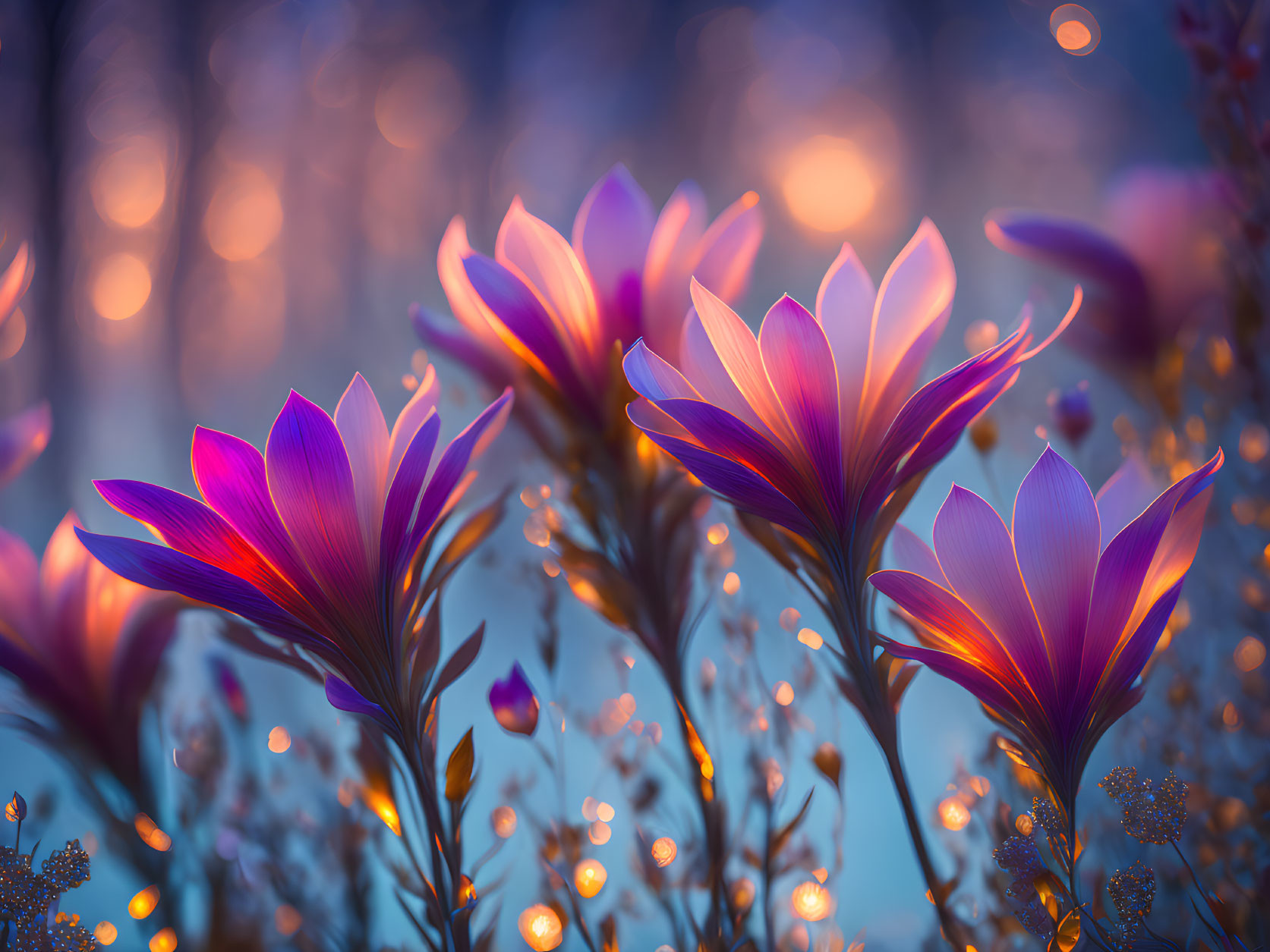 Bright Purple Flowers in Soft Glowing Light on Dreamy Blue Background