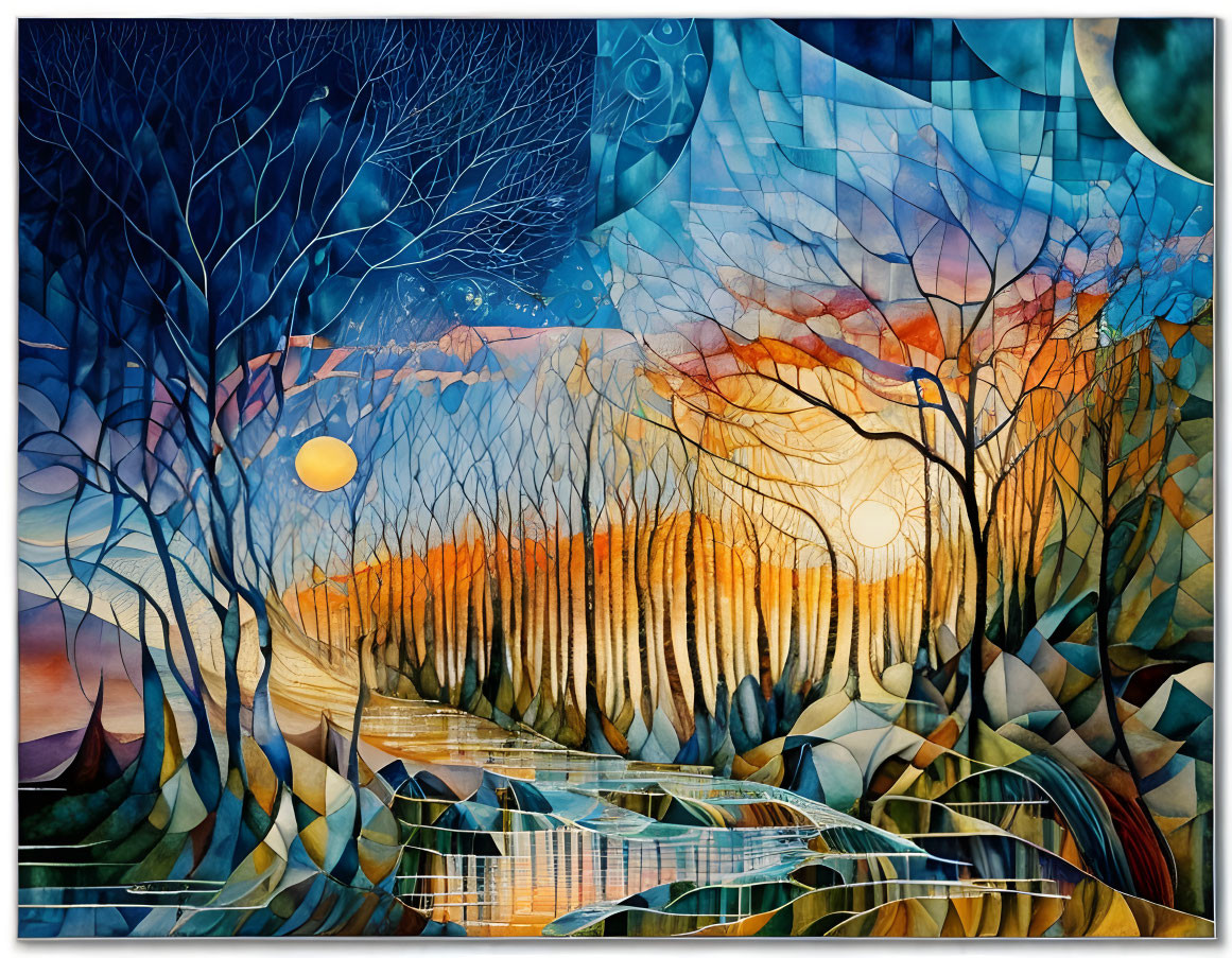 Colorful Cubist Landscape with Trees, Hills, Rivers, Moon, and Stars