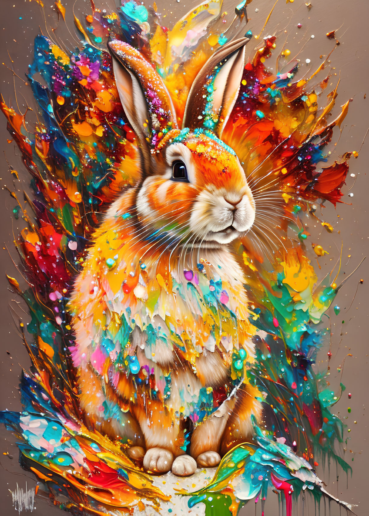 Colorful Rabbit Painting with Rainbow Hues and Glitter Accents