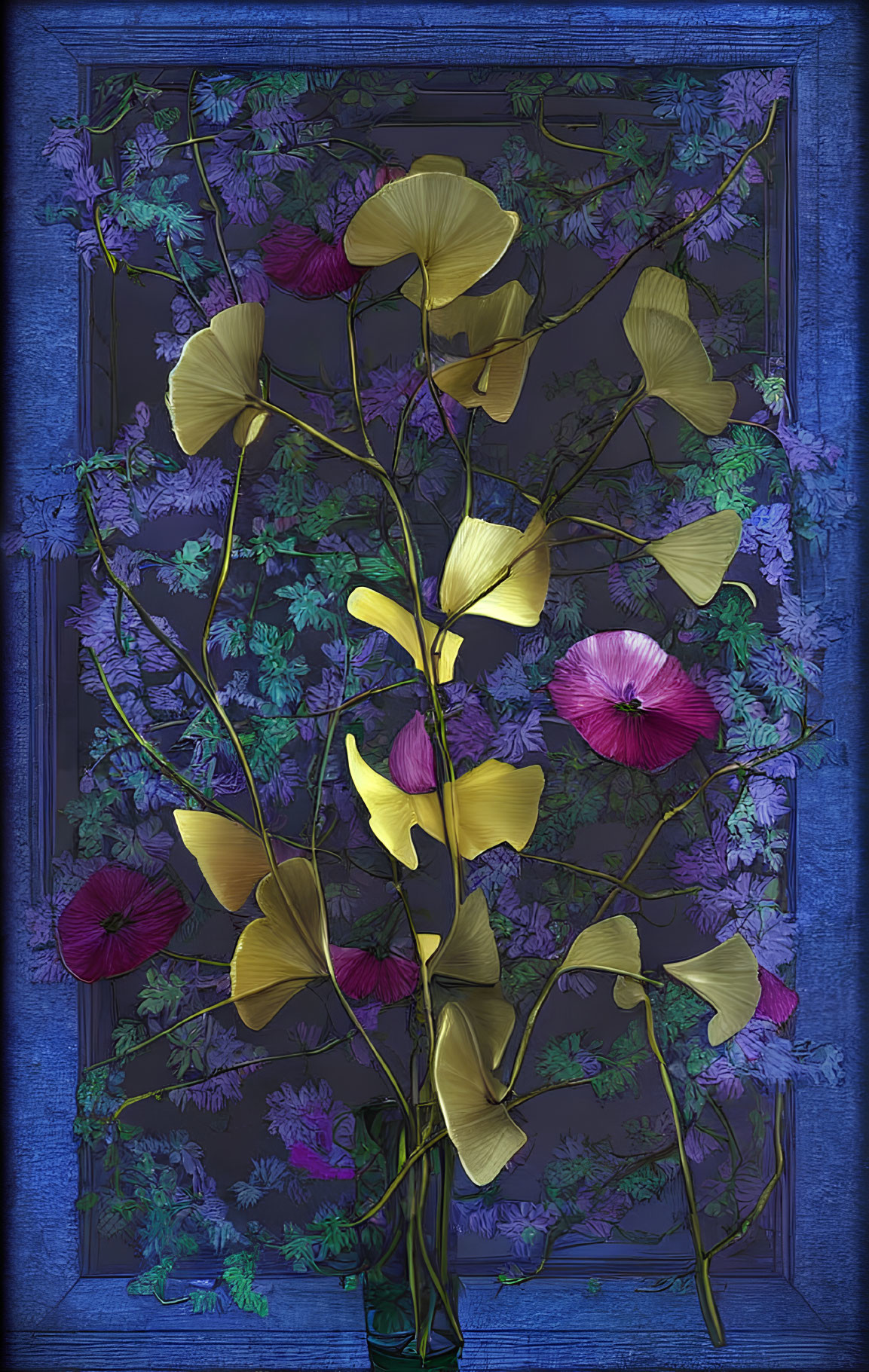 Vibrant yellow and purple flowers on dark floral background with textured blue border