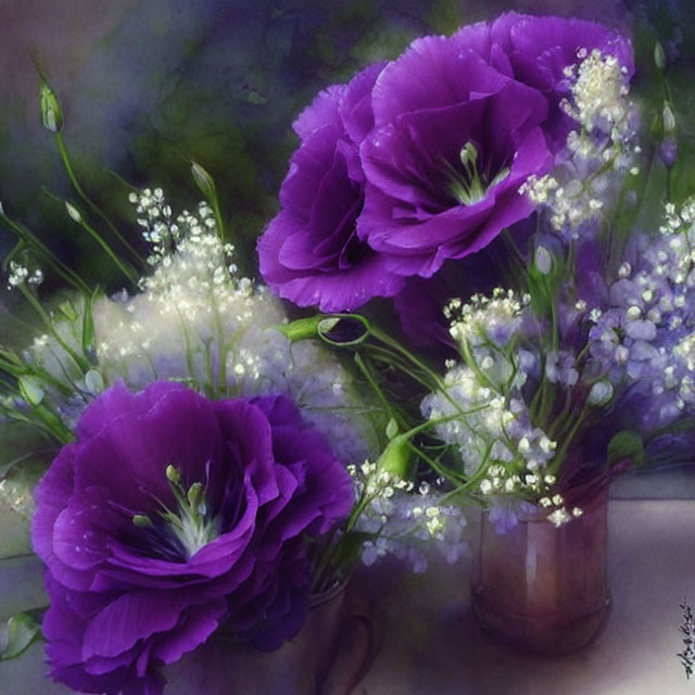 Purple Eustomas and White Baby's Breath in Glass Vase on Moody Background