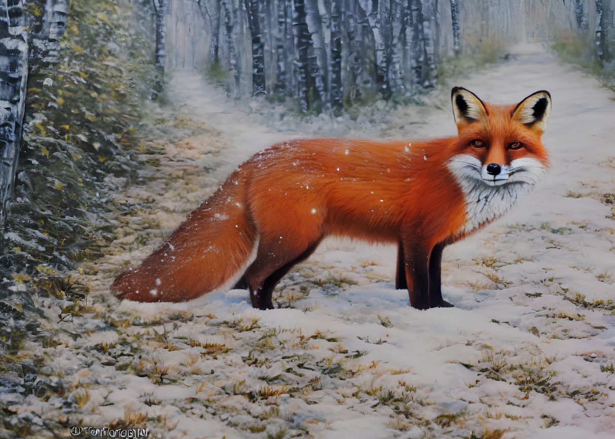 Red fox in snowy forest clearing with falling snowflakes and white-barked trees