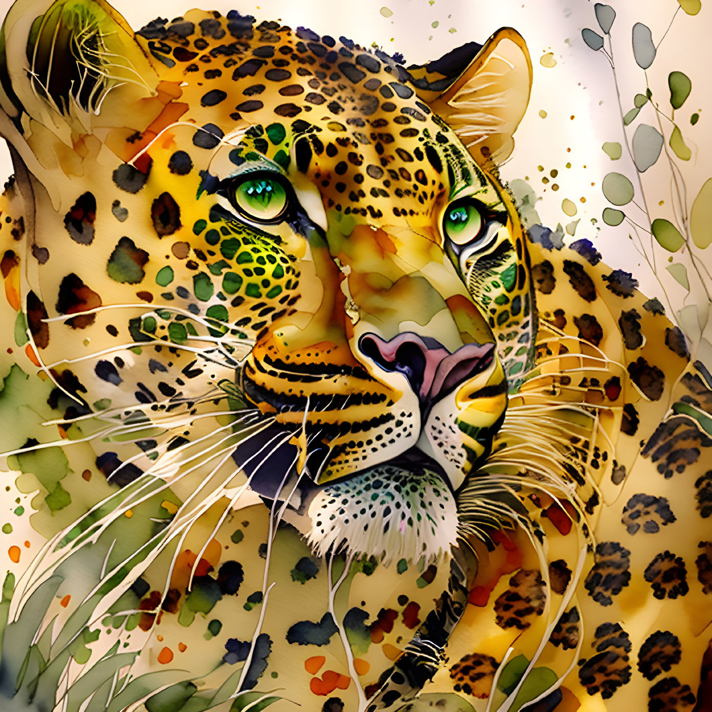 Colorful Leopard Face Illustration with Green Eyes and Watercolor Spots