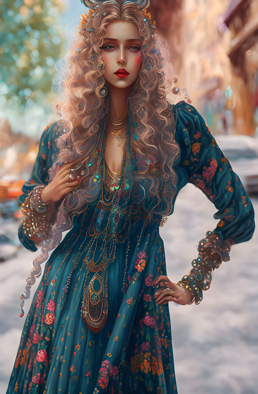 Illustration of woman with curly blond hair in ornate teal and gold attire on street