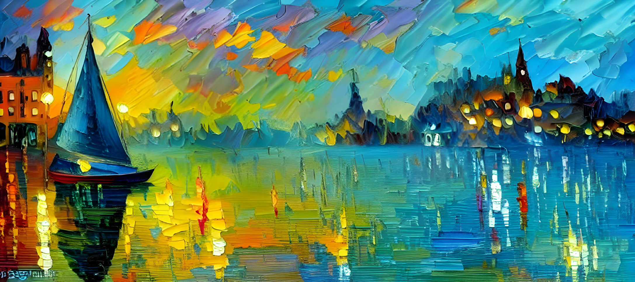 Impressionist-style painting: Colorful boat on water with town skyline at dusk