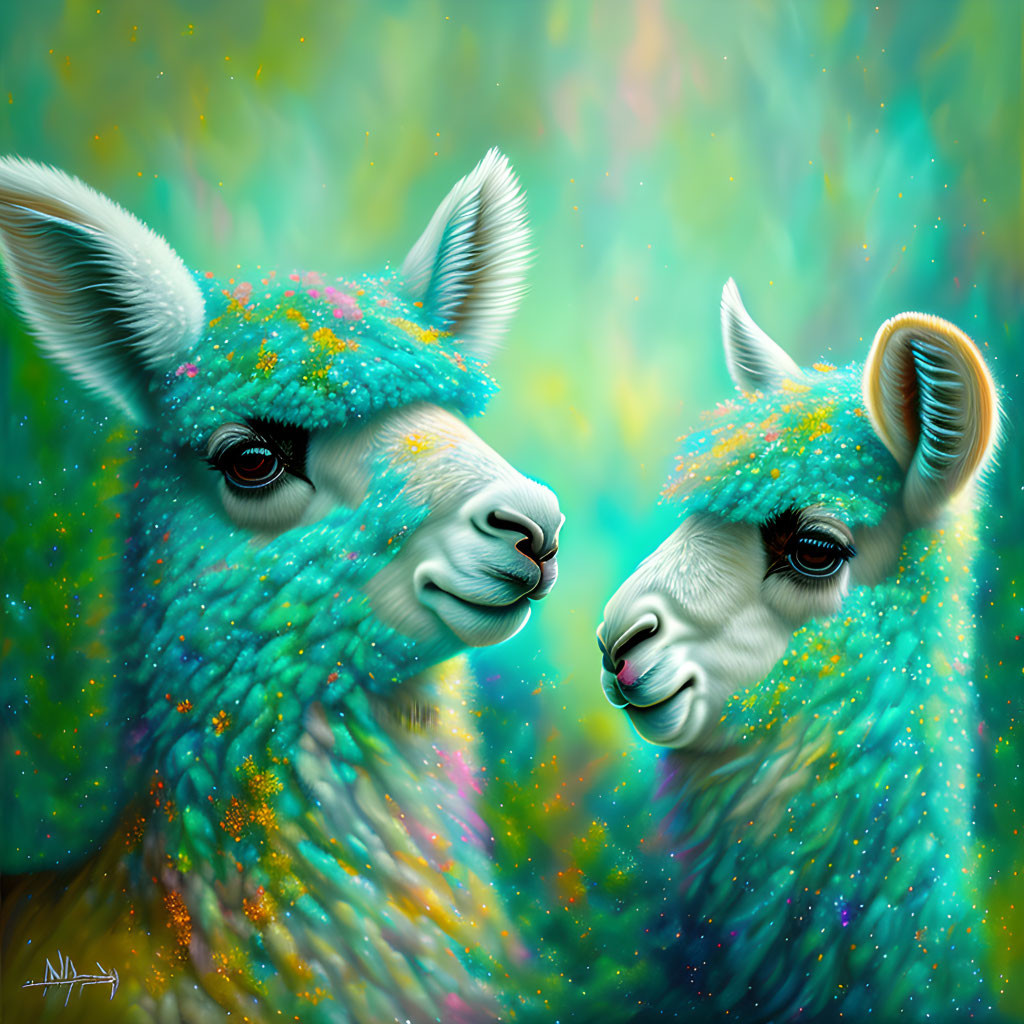 Vibrant llamas with colorful fur on dreamy backdrop