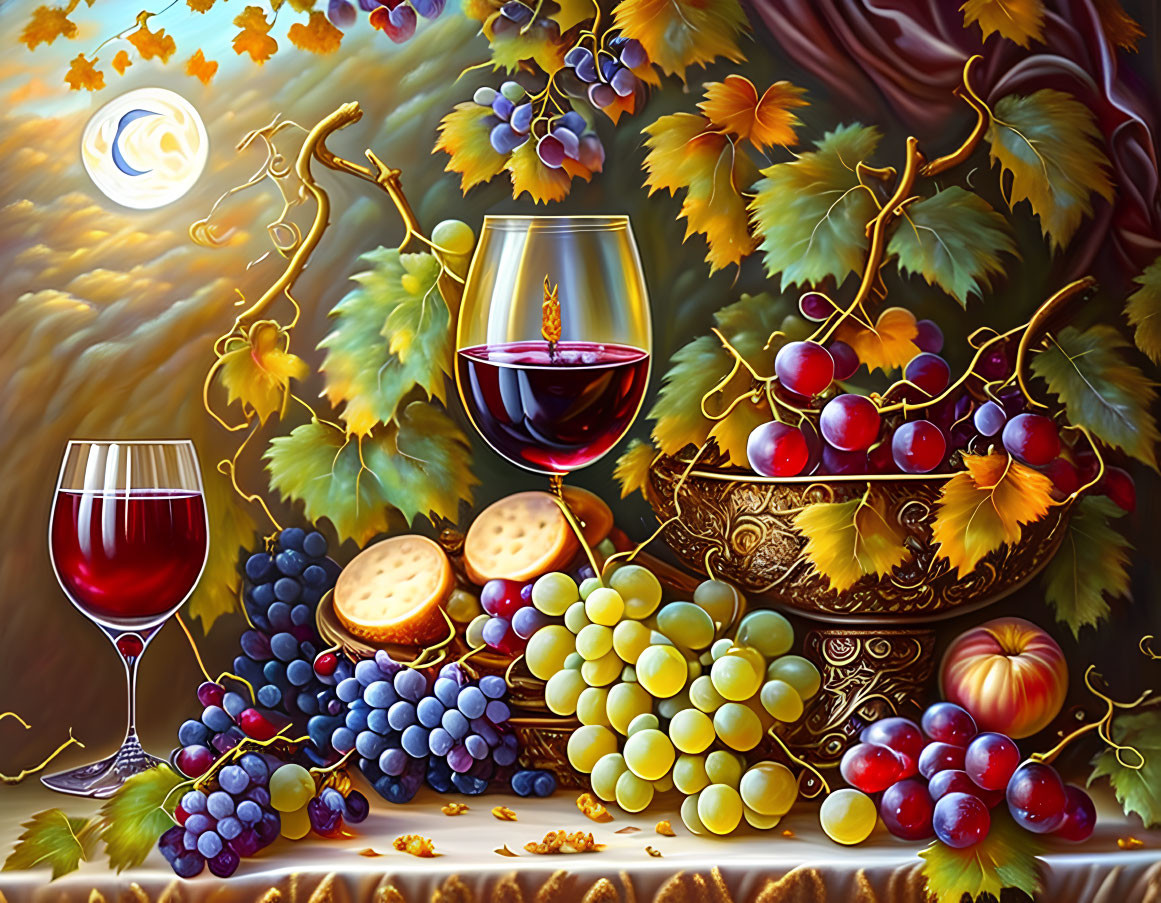 Still Life Painting: Grapes, Wine, Apples, Crackers, and Moon