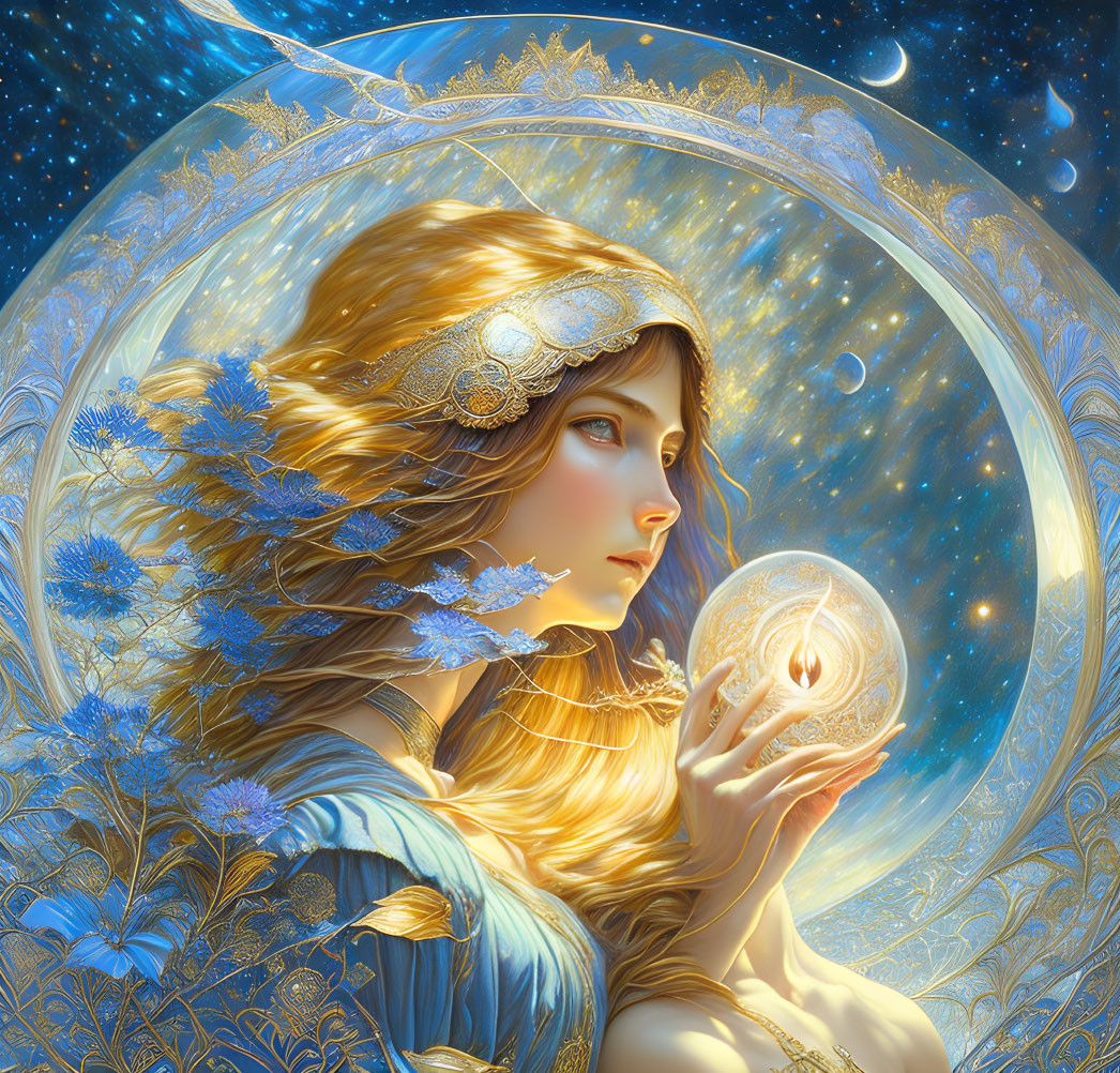 Golden Headpiece Woman Holding Glowing Orb in Celestial Scene