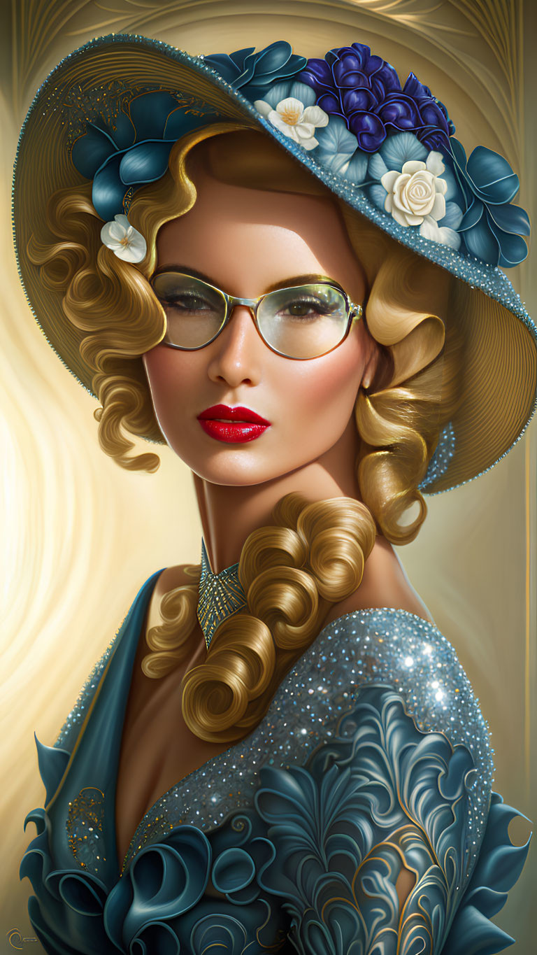 Illustration of woman with blonde wavy hair in blue hat and dress