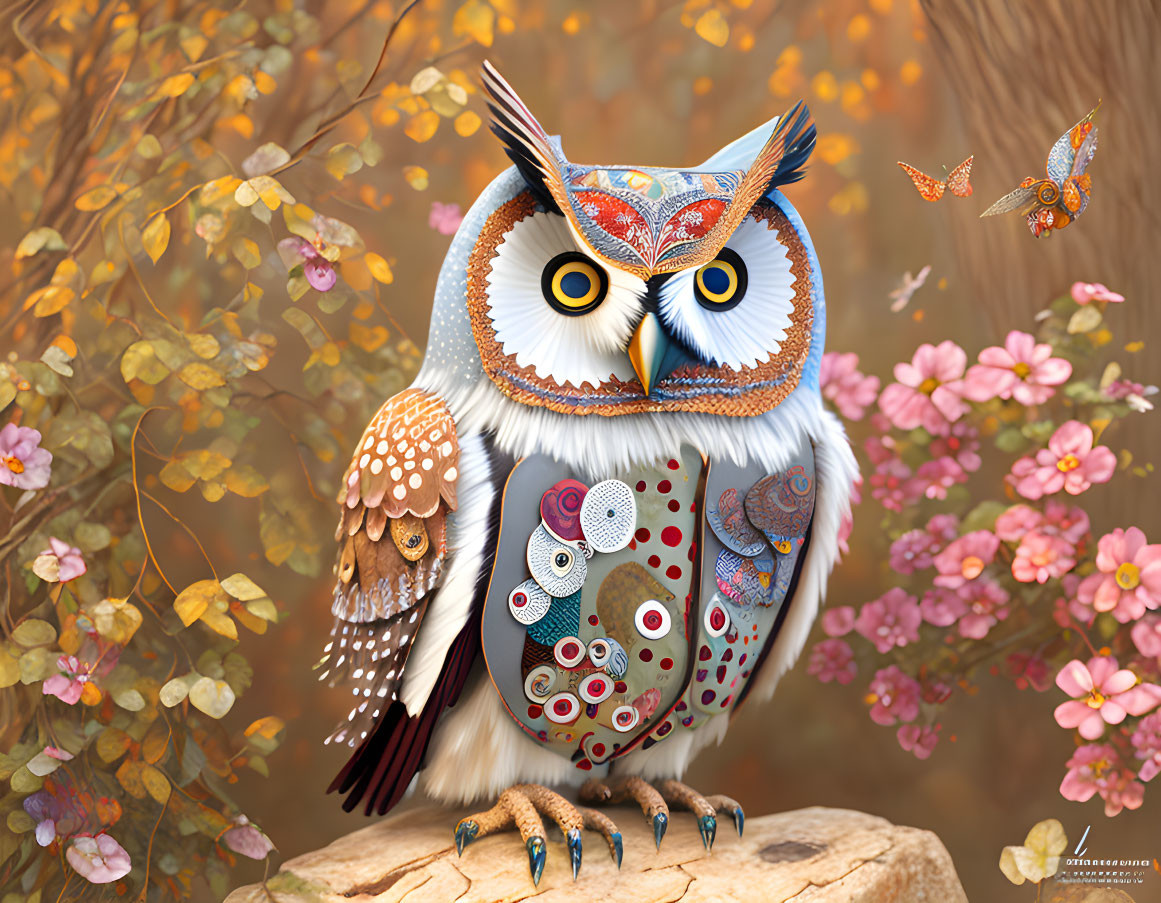 Intricately patterned owl with buttons, perched on stone amidst butterflies and flowers