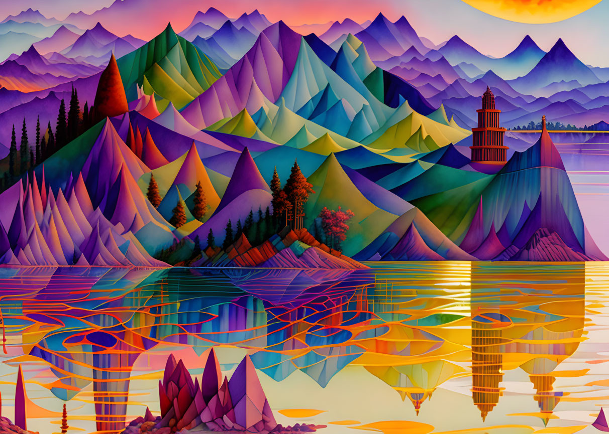 Colorful Mountains and Lighthouse by Reflective Lake