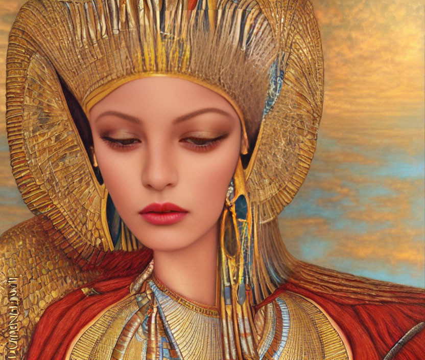 Ancient Egyptian-inspired headdress on regal figure against golden backdrop