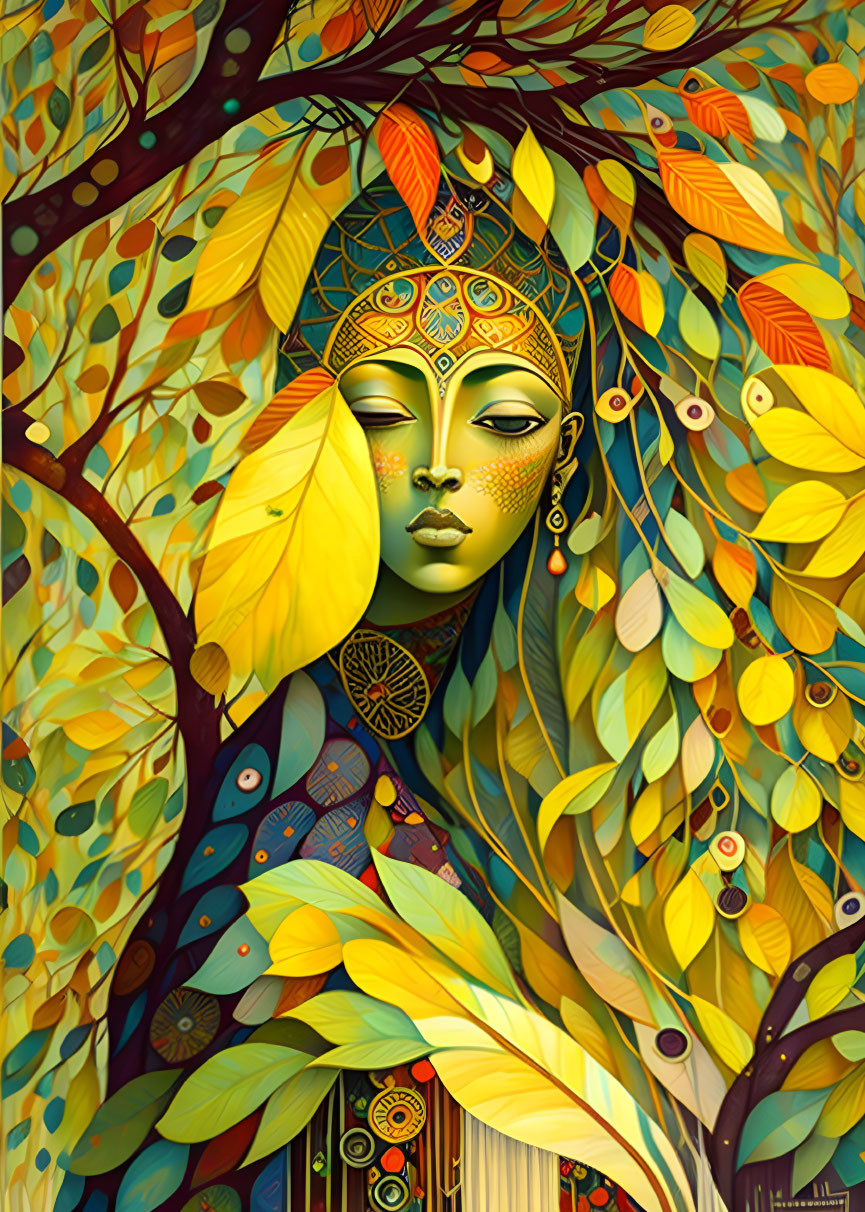 Woman with Tree-Like Features Surrounded by Autumn Leaves