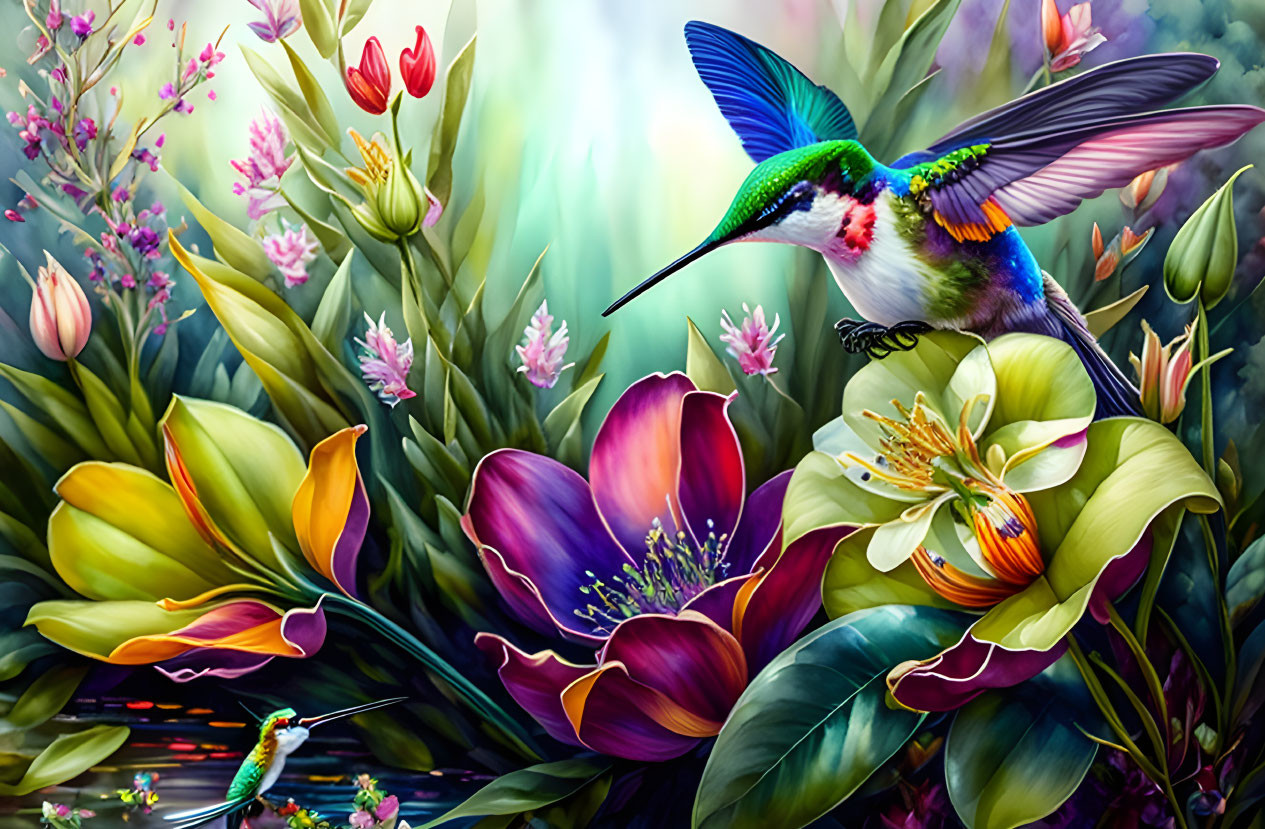 Colorful hummingbirds in flight among vibrant flowers in lush garden setting