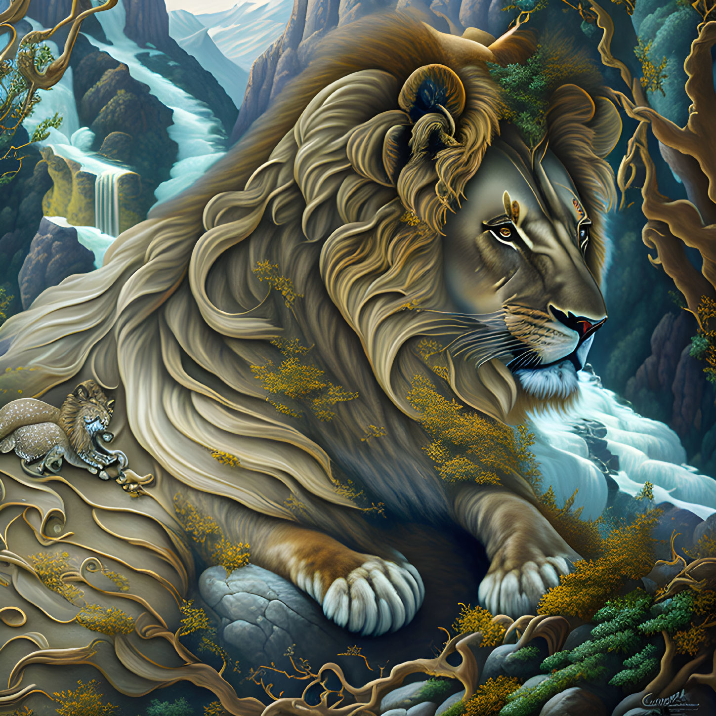 Majestic lion illustration with landscape elements and cub