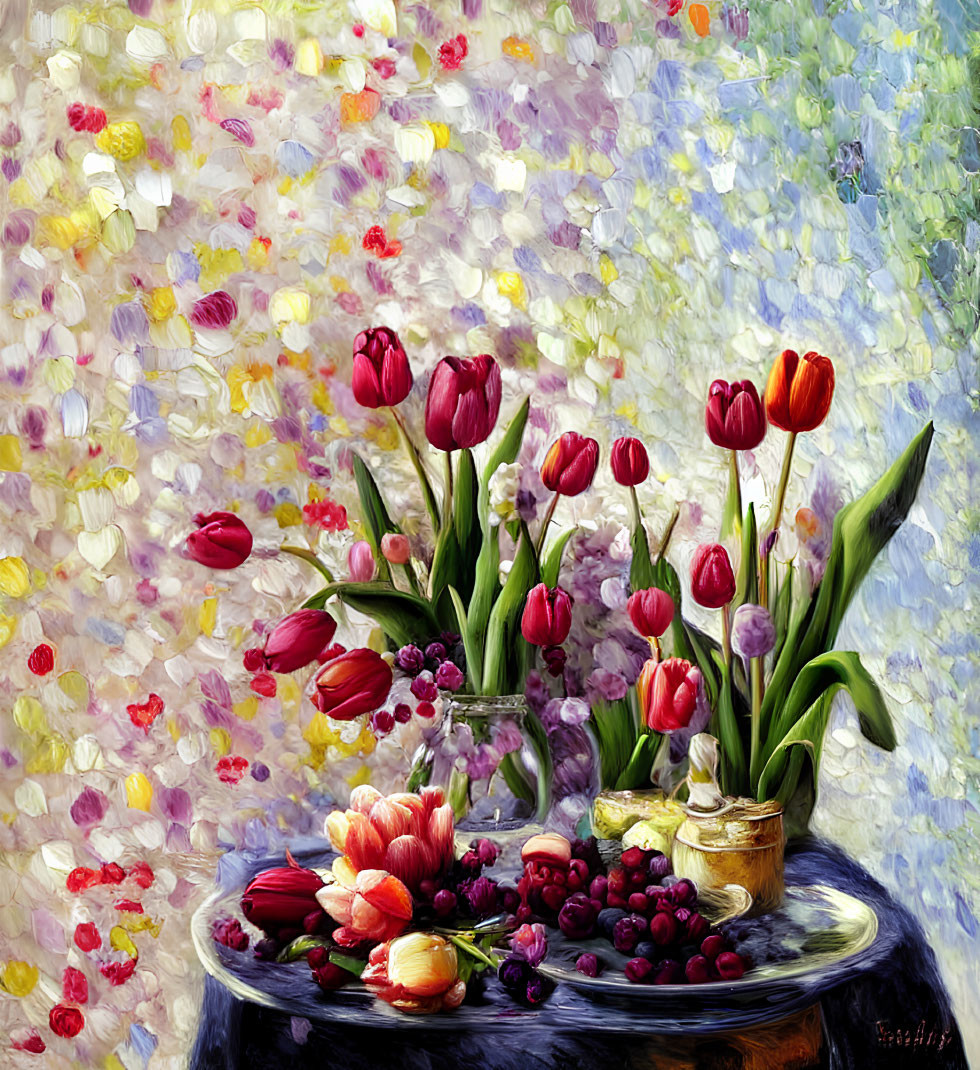 Vibrant red and pink tulips in clear vase on reflective table - Impressionist-style floral