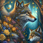 Colorful Digital Artwork: Two Wolves Among Vibrant Flowers